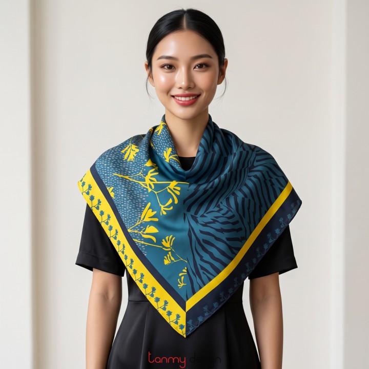 Yellow and navy silk scarf 100x100cm